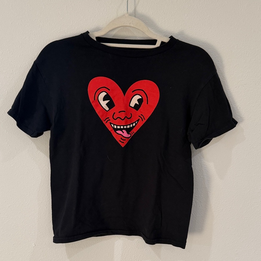 Kids Black Short Sleeve Tee with Red Heart Face Graphic